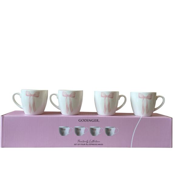 Godinger Pink Bow Ceramic Espresso Mug Set of 4 White New - Picture 16 of 16